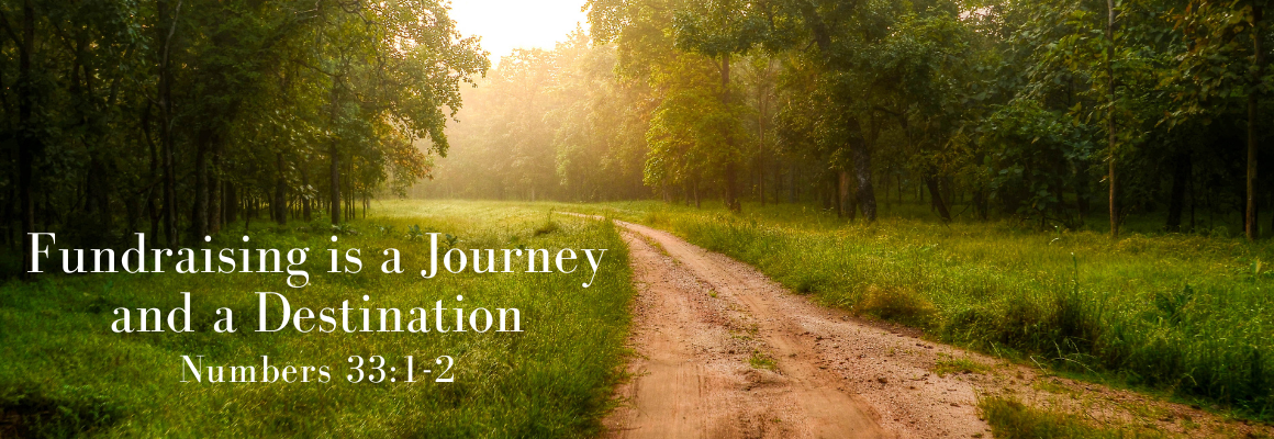 A peaceful dirt path winds through a lush green forest with soft golden sunlight filtering through the trees. The text on the image reads, “Fundraising is a Journey and a Destination.”