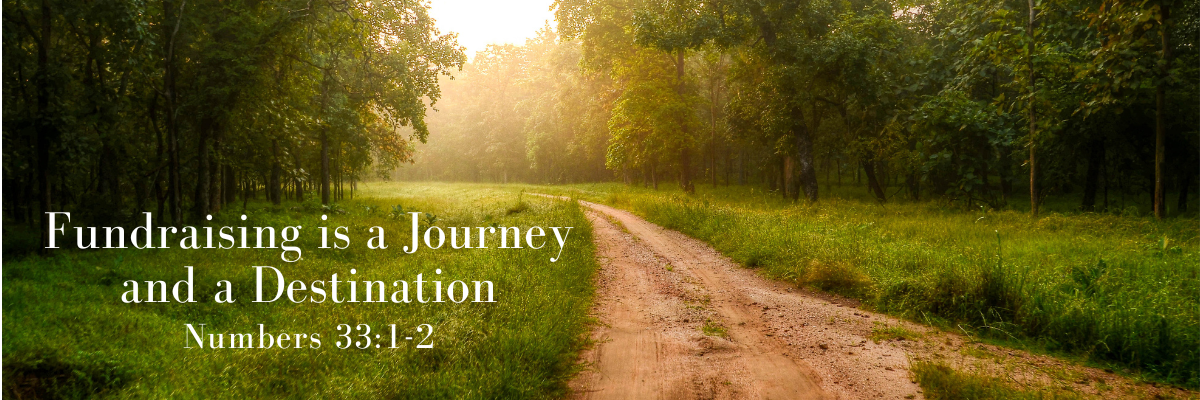 A peaceful dirt path winds through a lush green forest with soft golden sunlight filtering through the trees. The text on the image reads, “Fundraising is a Journey and a Destination.”