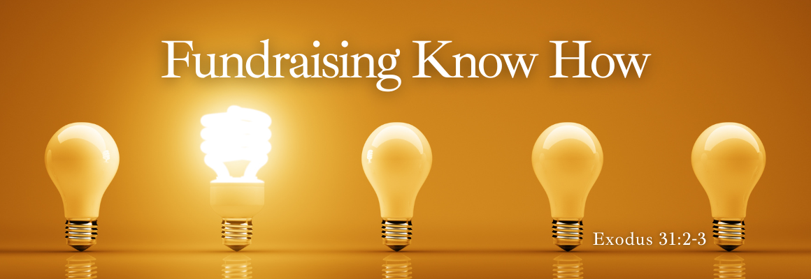 a row of five light bulbs on a golden background with one bright compact fluorescent bulb glowing in the center, accompanied by the title fundraising know how and a small scripture reference in the lower right corner.