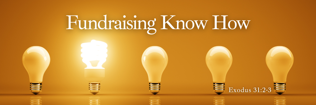 a row of five light bulbs on a golden background with one bright compact fluorescent bulb glowing in the center, accompanied by the title fundraising know how and a small scripture reference in the lower right corner.