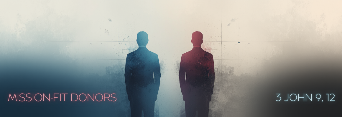 Two silhouetted figures standing side by side against a muted, abstract background with the title Mission-Fit Donors displayed on the image on the other side of the image 3 John 9,12.