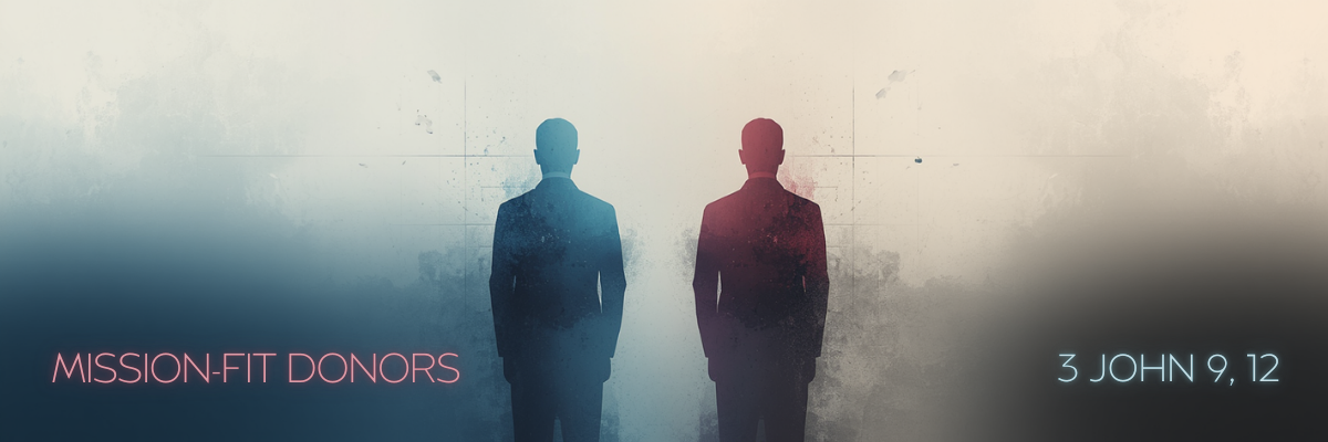 Two silhouetted figures standing side by side against a muted, abstract background with the title Mission-Fit Donors displayed on the image on the other side of the image 3 John 9,12.