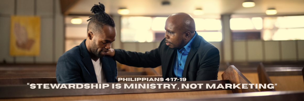 Two men seated in a church pew, one placing a supportive hand on the other’s shoulder as he bows his head, with the text “Stewardship is Ministry, Not Marketing” and “Philippians 4:17–19” displayed across the image.