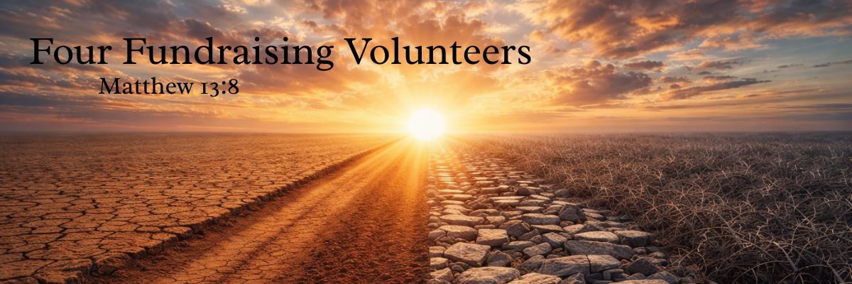 A sunrise over four distinct paths—dry cracked ground, a dirt road, a rocky path, and thorny terrain—stretching into the distance, with the text “Four Fundraising Volunteers” and “Matthew 13:8” displayed in the sky.