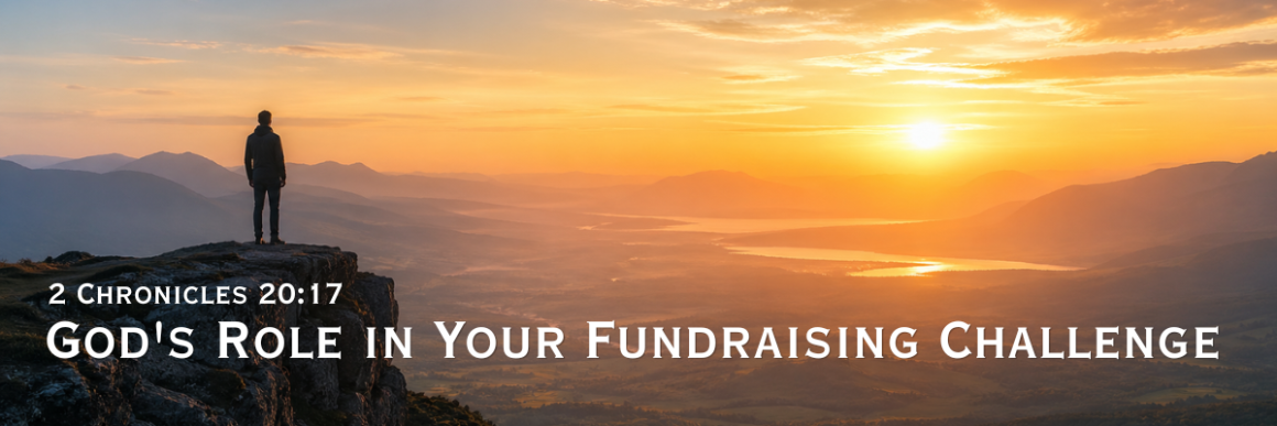 A lone figure standing on a mountain summit overlooking a sweeping valley at sunrise, with the text God's Role in Your Fundraising Challenge and the scripture reference 2 Chronicles 20:17 in white lettering.