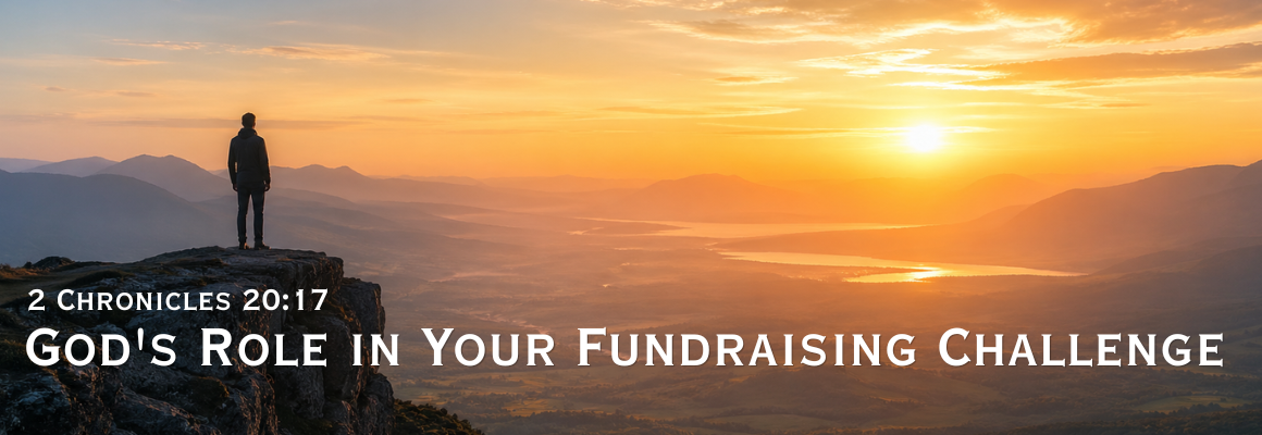A lone figure standing on a mountain summit overlooking a sweeping valley at sunrise, with the text God's Role in Your Fundraising Challenge and the scripture reference 2 Chronicles 20:17 in white lettering.