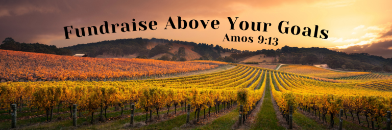 A sweeping vineyard stretching across rolling hills at sunset in warm golden and amber tones, with the text Fundraise Above Your Goals and the scripture reference Amos 9:13 in bold black lettering.