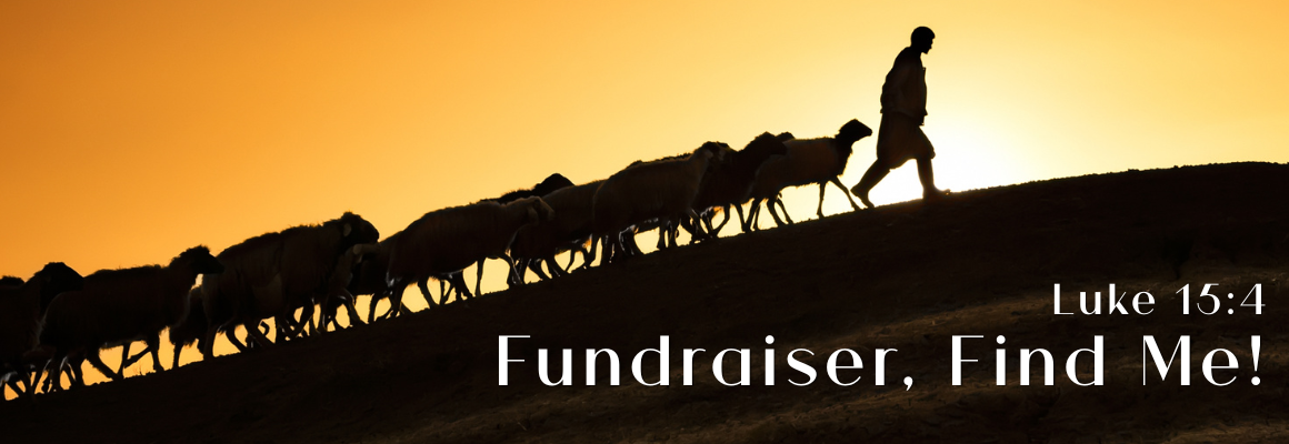 A shepherd walks along a hilltop ridge at golden hour, leading a long line of sheep silhouetted against a bright orange sunset sky. Text overlay reads "Luke 15:4 — Fundraiser, Find Me!"