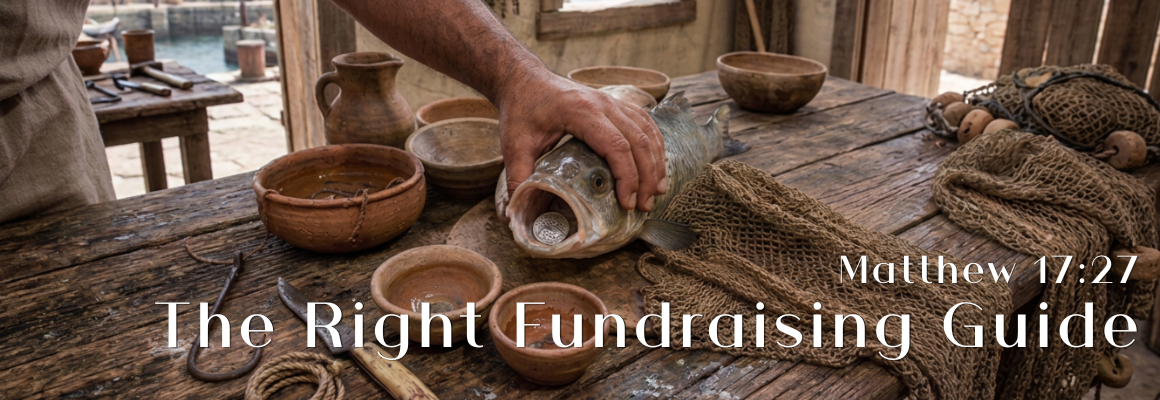 A weathered wooden table with clay bowls, fishing nets, and a hand holding a fish in a rustic biblical-era setting, with the text The Right Fundraising Guide and the scripture reference Matthew 17:27 in white lettering.