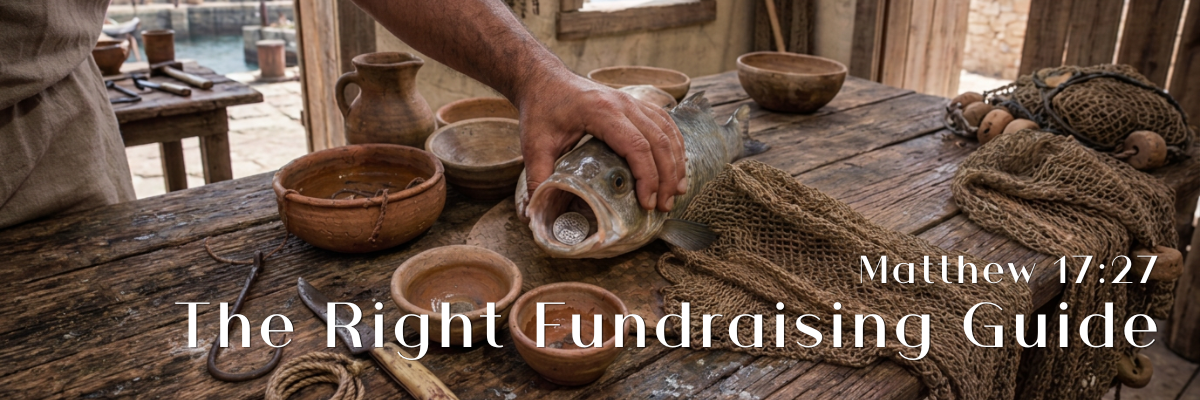 A weathered wooden table with clay bowls, fishing nets, and a hand holding a fish in a rustic biblical-era setting, with the text The Right Fundraising Guide and the scripture reference Matthew 17:27 in white lettering.