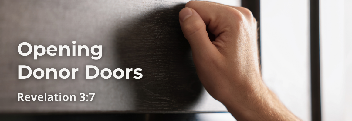 A hand knocking on a door. The words Opening Donor Doors - Revelation 3:7