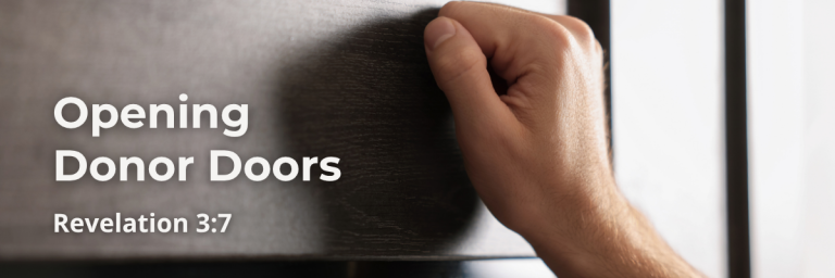 A hand knocking on a door. The words Opening Donor Doors - Revelation 3:7